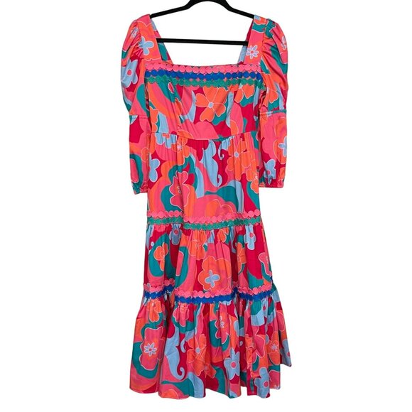 Alden Adair Boho Midi Mia Trippy Dress Pockets Puff Sleeve Size Small NWT - Picture 4 of 11